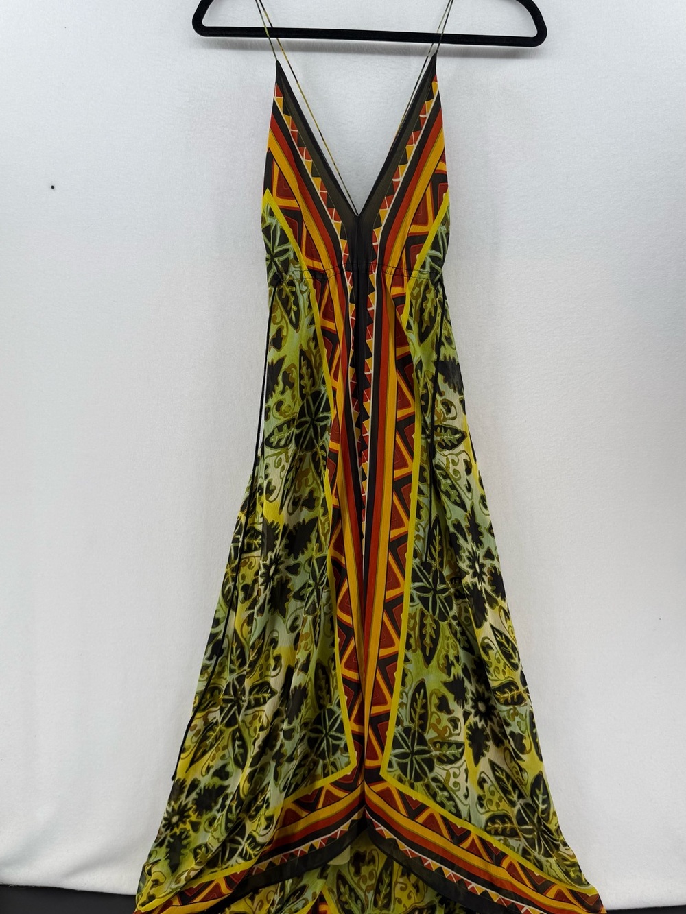 Nicole Miller Batik print Geometric-Trim Floral Maxi Dress pure silk